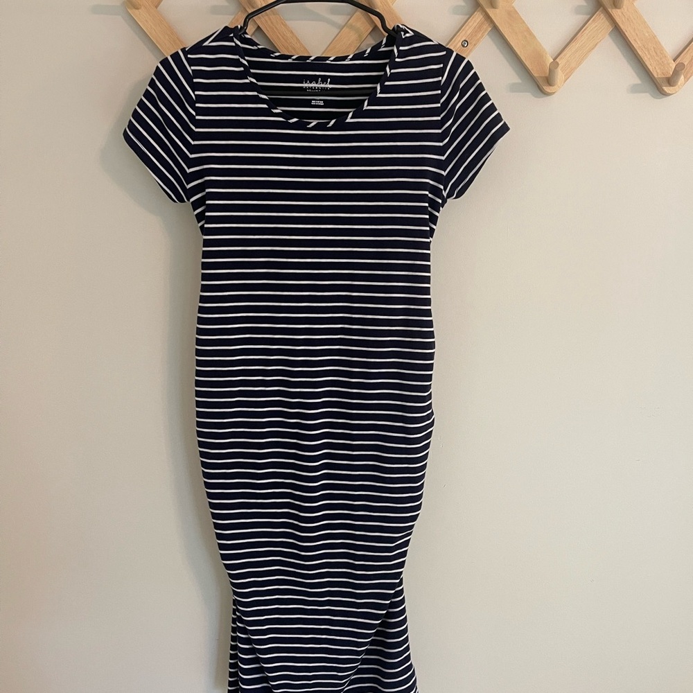 Isabel Maternity Navy and White Striped Midi Dress